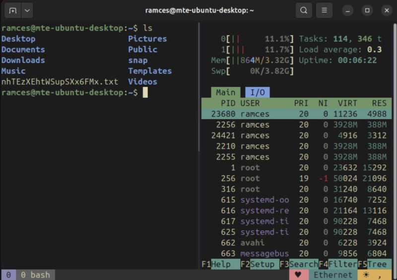 A terminal showing the warmer colors of Tmux-kanagawa on a couple of Terminal apps.