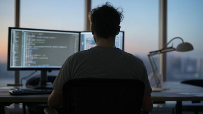 A picture of a person working in front of a computer.