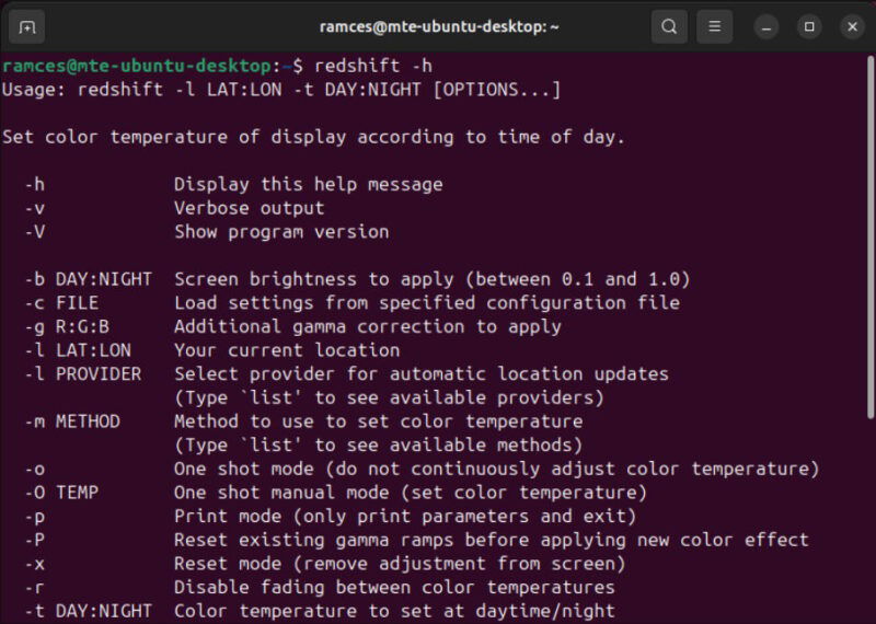 A terminal showing the Redshift utility working properly in Ubuntu.