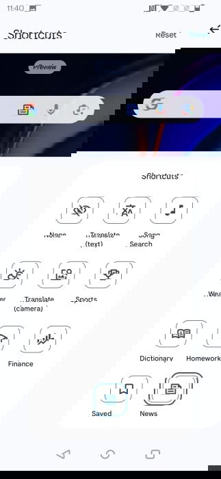 Shortcut options view in Google search widget on Android. 