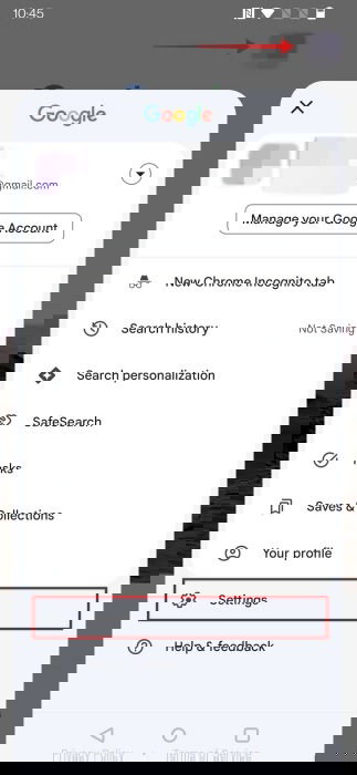 Accessing Settings from the Google app on Android.