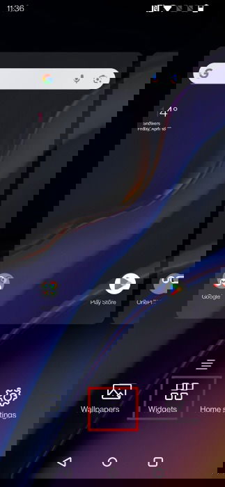 Tapping on "Widgets" option on Android home screen.