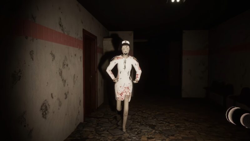 A screenshot from the horror game Afterhours on Steam. The image shows a menacing nurse wearing a bloodied