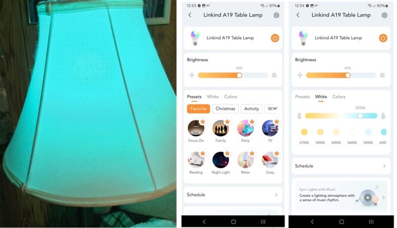 Linkind bulb in lamp, changing color. AiDot app controlling lamp.
