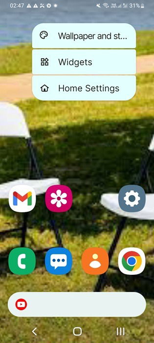 Lawnchair home screen with YouTube search button.
