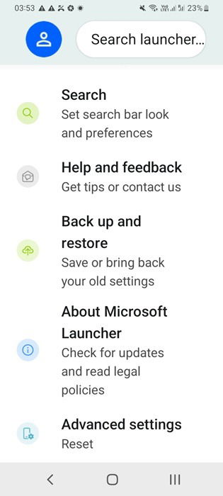 Microsoft Launcher for Android settings in detail.