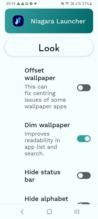 Offset wallpaper and Dim wallpaper features in Niagara Launcher.