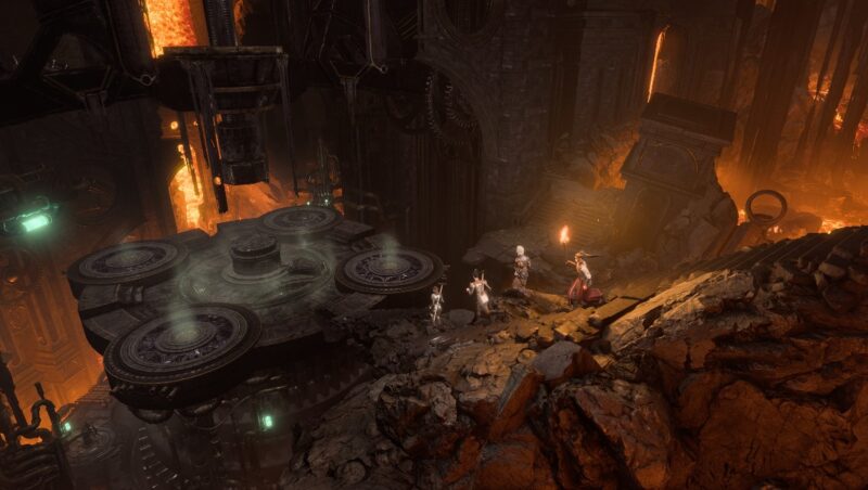A screenshot from Baldur's Gate 3, showing a dark dungeon with a group of characters standing near a mechanical platform. 