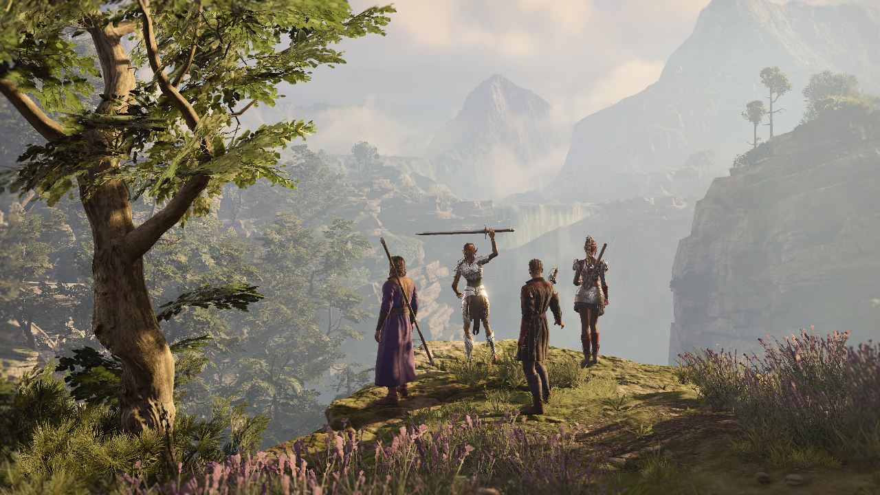 A screenshot from the open-world game Baldur's Gate 3. It shows four humanoid creatures standing atop a green hill, overlooking a landscape.
