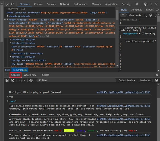 Text Adventure Google game view in browser.