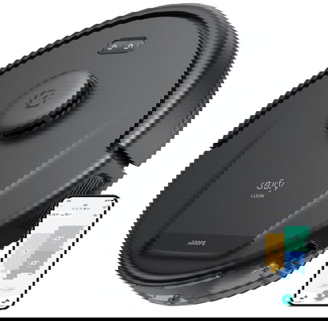 Eufy L60 robot vacuum beside mobile app.