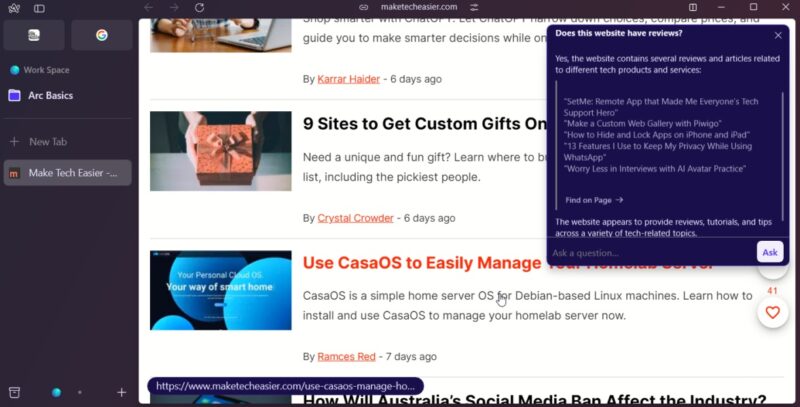 Arc browser interface overview. 