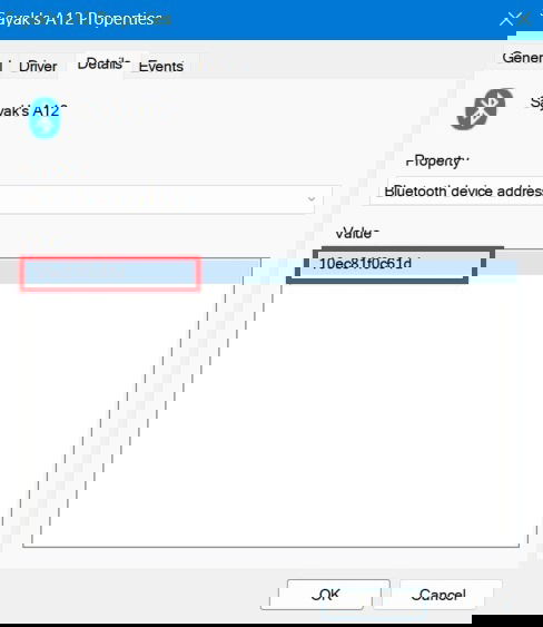 Bluetooth Device address of a Bluetooth device viewed in Windows Device Manager reflecting Device ID Profile. 