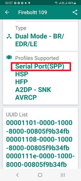Serial Port Profile (SPP) visible for a smartwatch named Firebolt 109.