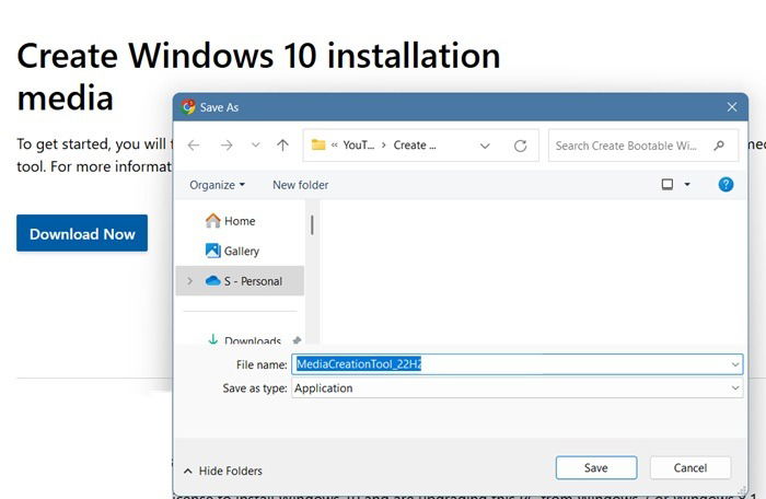 Downloading Windows 10 Media Creation Tool application to a PC.