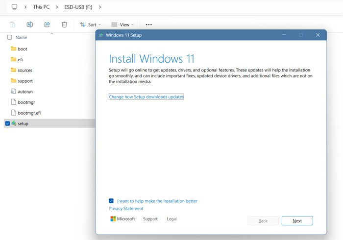 Install Windows 11 from a setup file on a removable F drive.