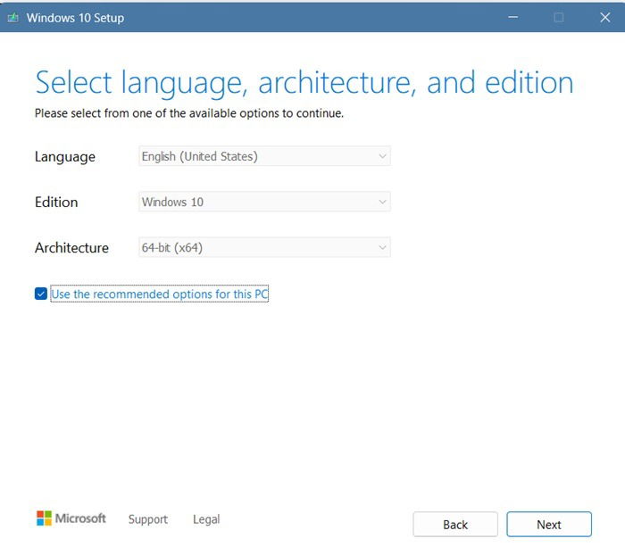 Selecting language, architecture, and edition in Windows 10 for Media Creation Tool.