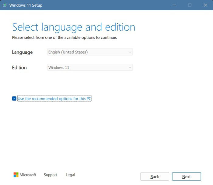 Set up the language and edition for Windows 11 using Media Creation Tool.