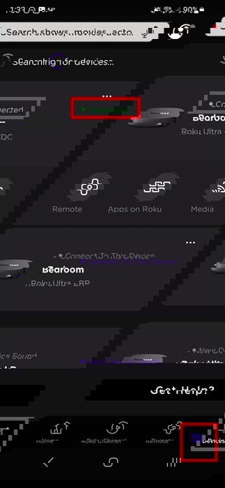 List of available devices in the Roku mobile app.