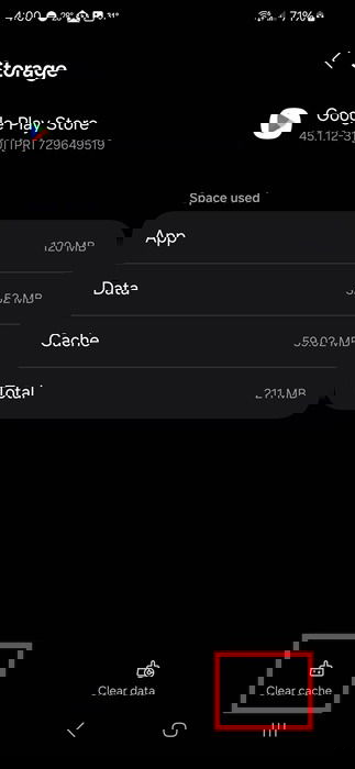 Google Play Store cache settings.