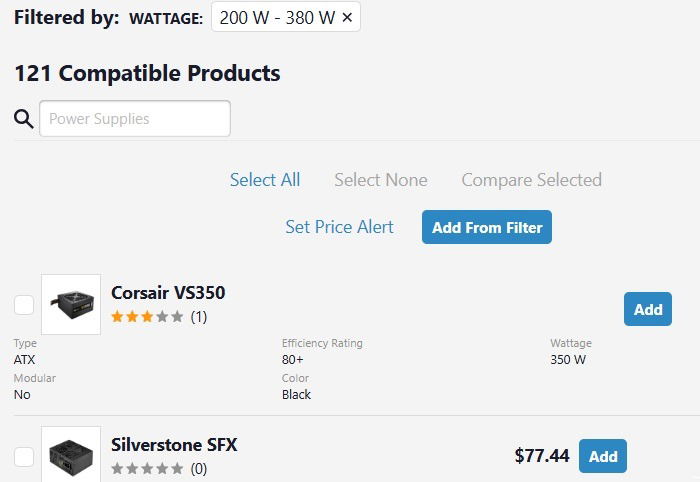 Filtering Power supply units by Wattage rating on PC Part Picker website.
