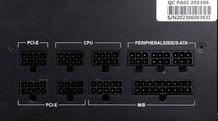 PCIe connector ports visible along with ATX motherboard ports on a power supply.