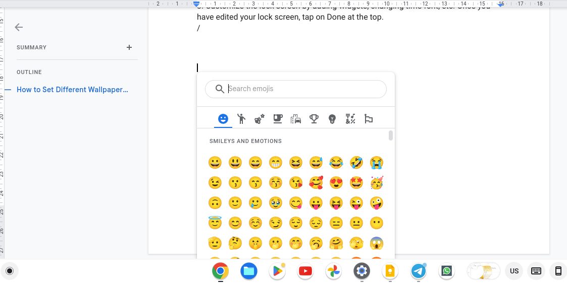 Selecting an emoji in Google Docs.