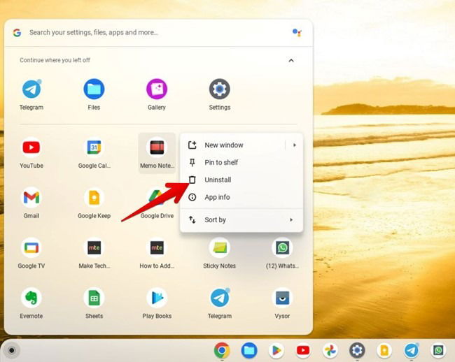 Uninstalling an app on Chromebook from App Launcher.