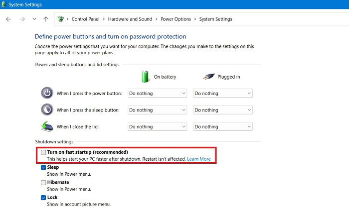 Common Windows Problems Solution Control Panel Turn On Fast Startup