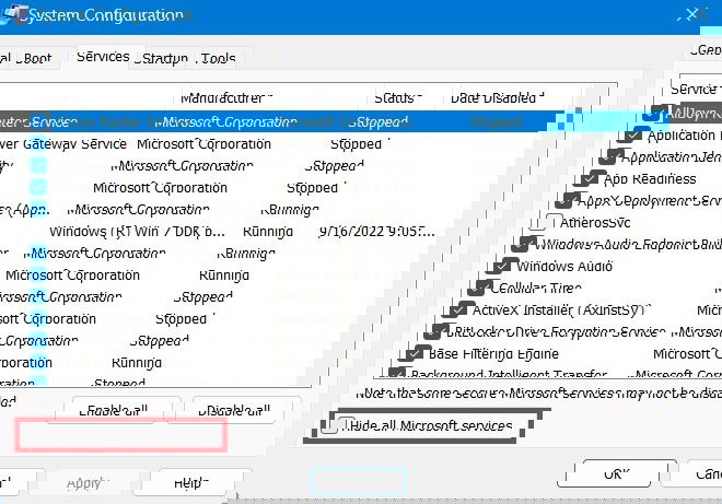 Common Windows Problems Solution System Configuration Hide All Microsoft Services