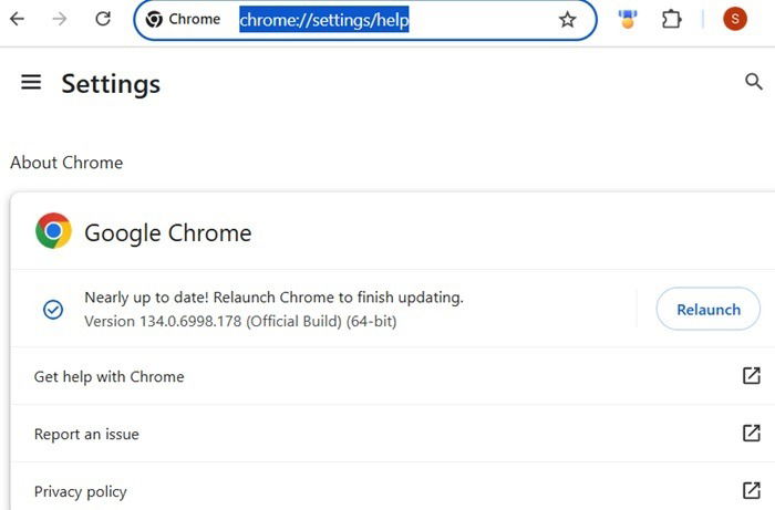 Updating Chrome version134 0 6998 by clicking Relaunch.
