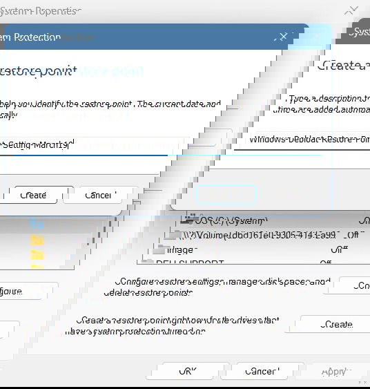 Creating a restore point after using Windows debloat script.