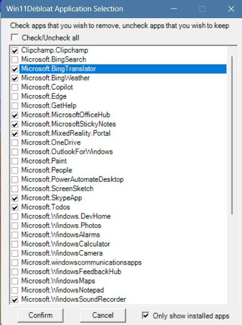 List of installed apps to be removed while using Win11Debloat