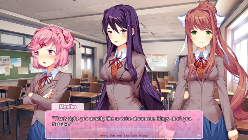 A screenshot from the psychological horror game "Doki Doki Literature Club", showing three women standing next to each other in a classroom with varied hairstyles and colors.