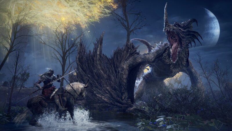 A screenshot from the game Elden Ring, showing a knight with a lance atop a horse, fighting a roaring Dragon at nighttime.