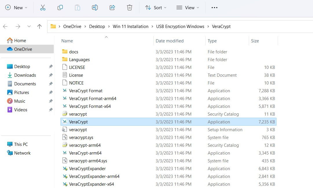 VeraCrypt application launched from Windows 11 folder.