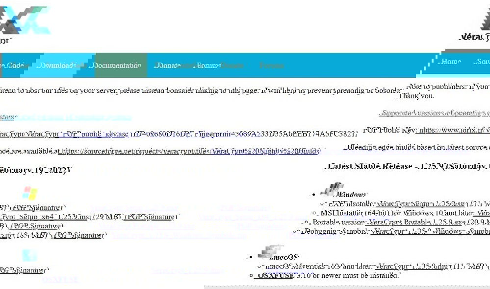VeraCrypt.exe installer options on official webpage.