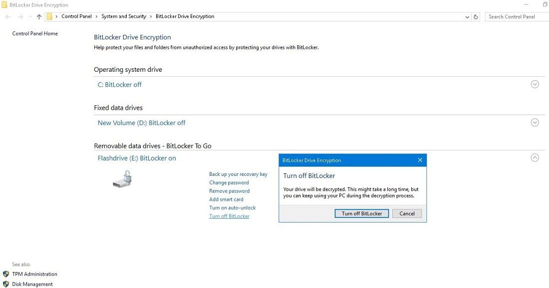 BitLocker decrypt warning message while turning off BitLocker for USB drive. 