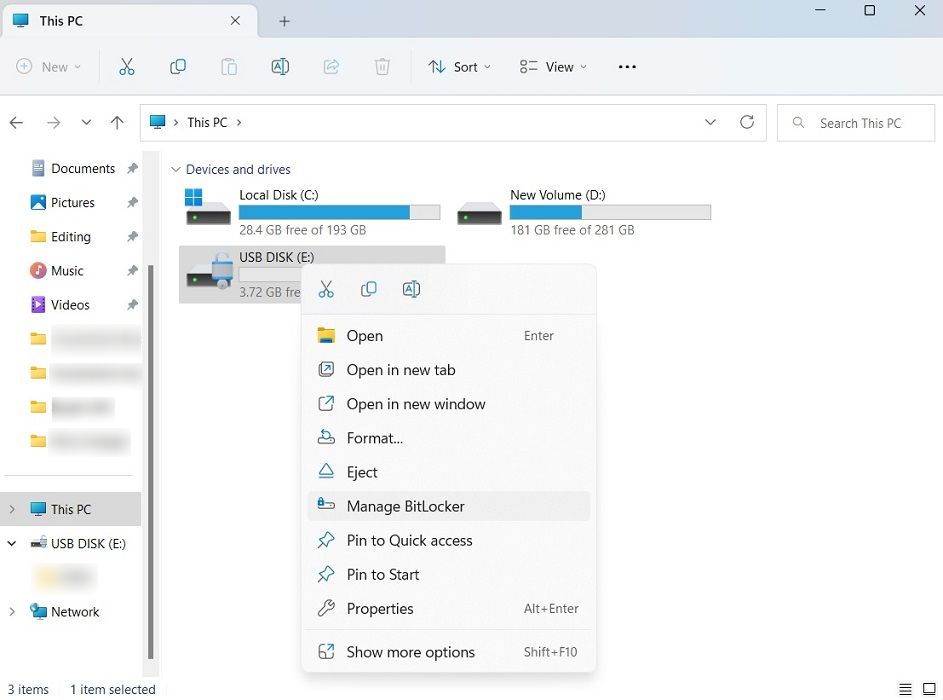 "Manage BitLocker" option in context menu after right-clicking encrypted USB. 