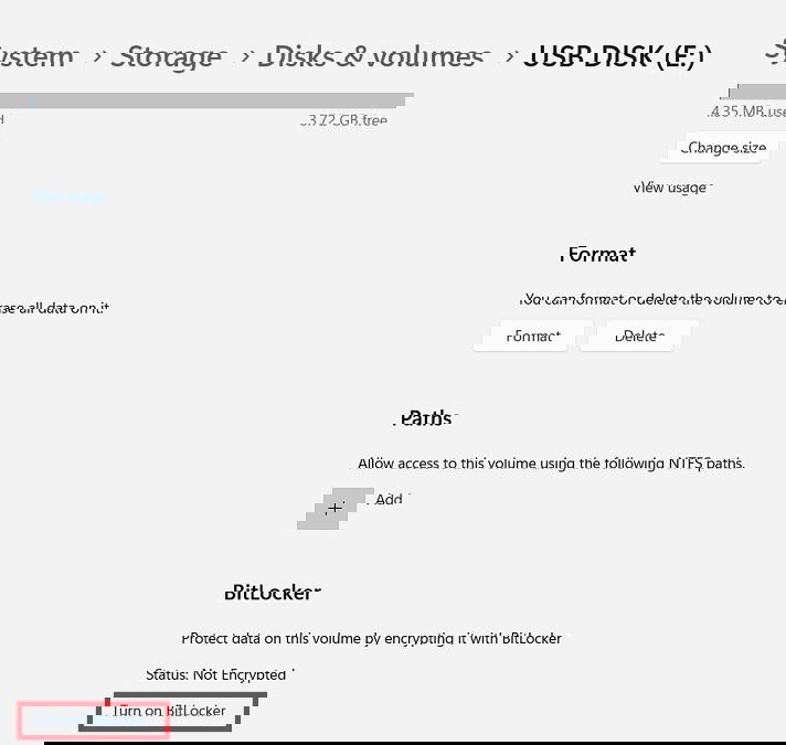 Turn on BitLocker option in System Storage Disks & Volumes of Windows 11.