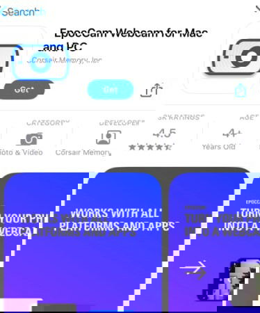A screenshot of the EpocCam app on  the iOS App Store.