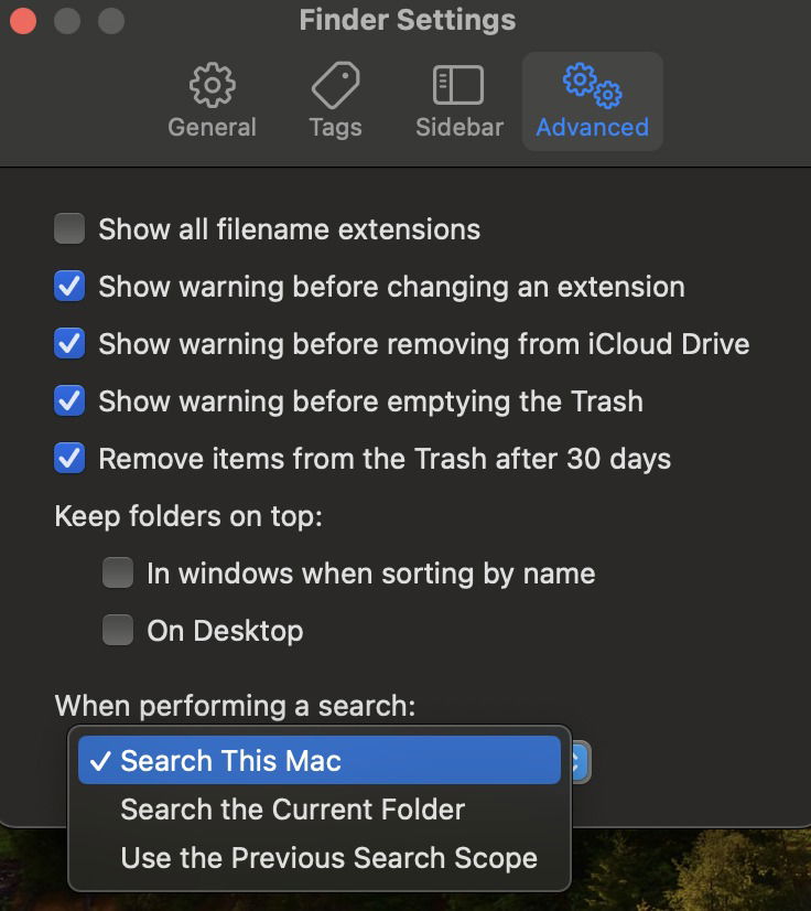 Finder Settings Search This Mac