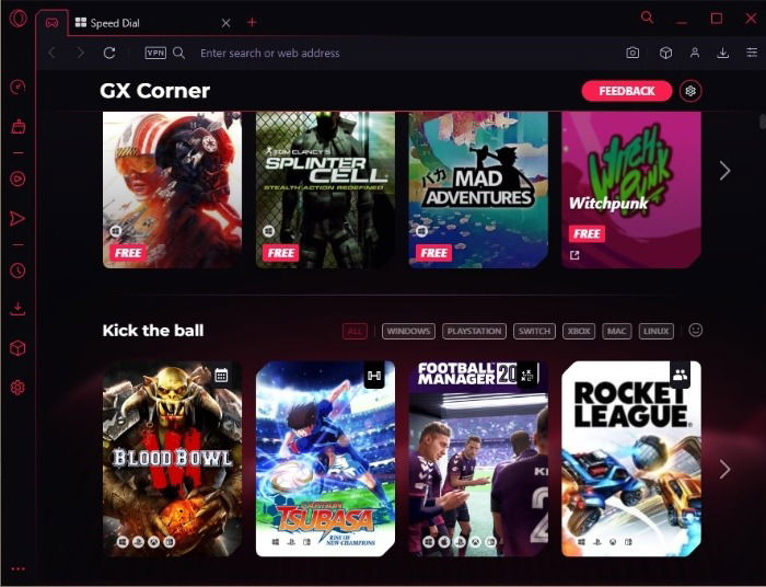 Opera GX browser window showing GX Corner