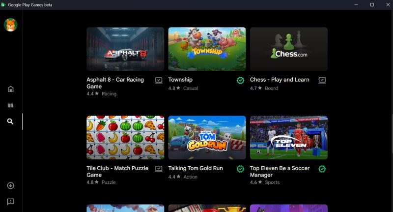 Browsing games in Google Play Games on PC.