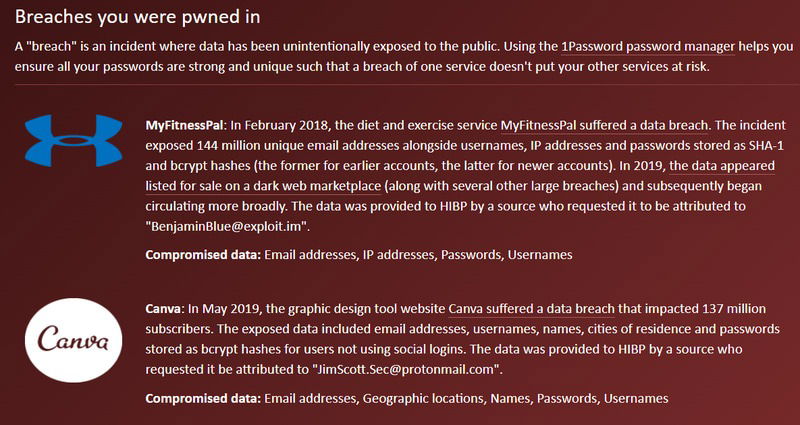 Have I Been Pwned list of breaches