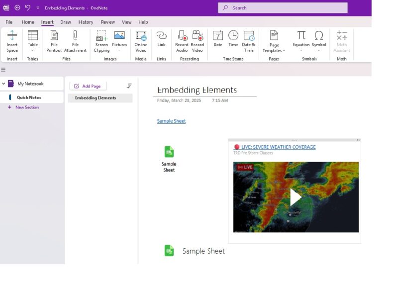 Embedding elements in OneNote