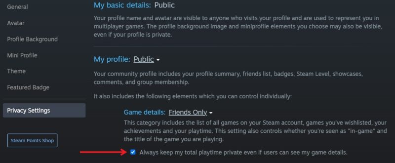 Activating the option "Always keep my total playtime private" in Steam client for desktop. 