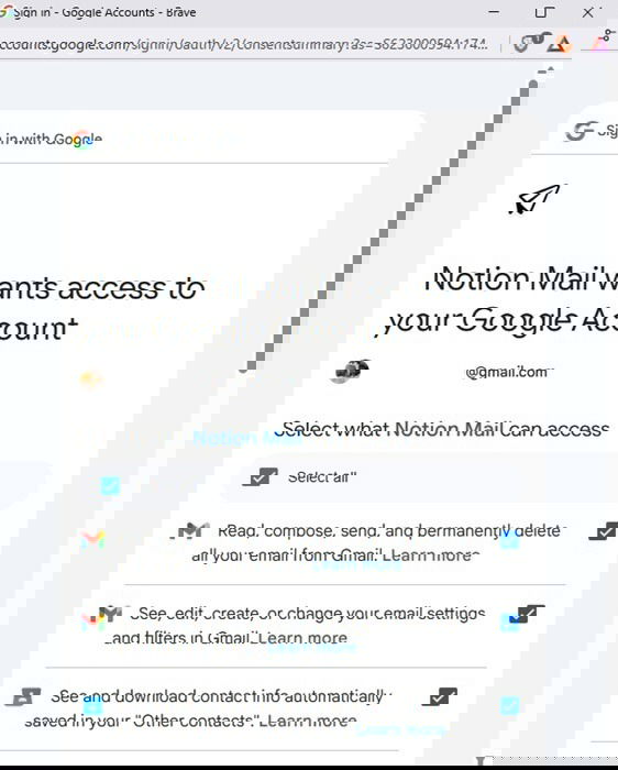 Notion Mail asking for permissions from Gmail.