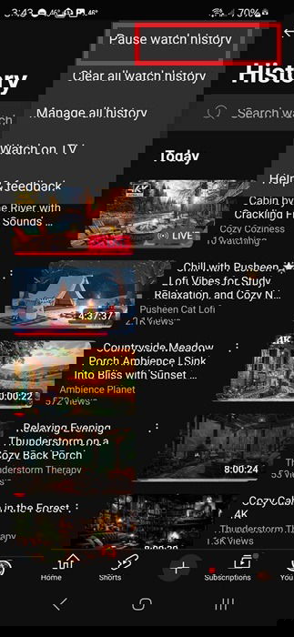 Pausing YouTube watch history on mobile.