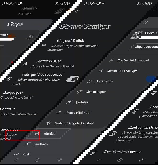 Accessing Gemini settings. 